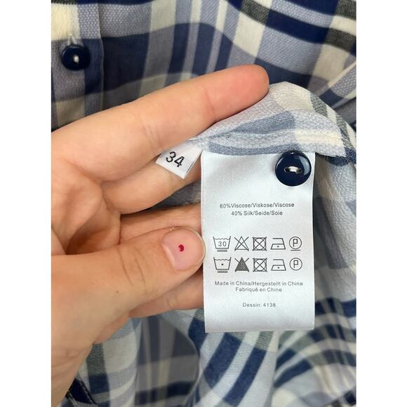 BAUM UND PFERDGARTEN 34 Plaid Moanna Button Shirt Short Sleeve Silk Viscose Blue - Picture 9 of 10